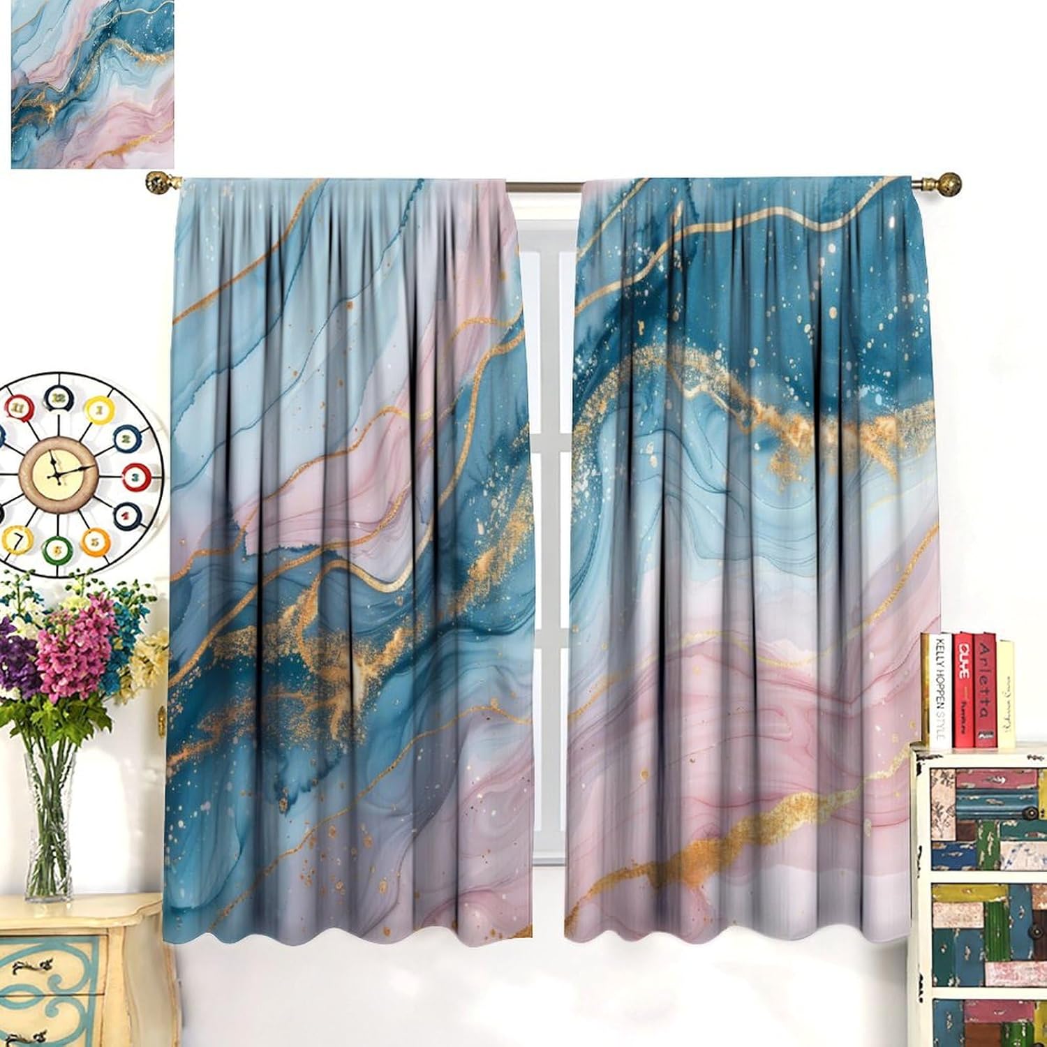 Marble Blackout Curtain for Office, Modern Luxury Foil Texture Pink Blue Gold Marble Rod Pocket Window Treatments 2 Panels Drapes for Living Room Bedroom Cafe Decor 42" W X 45" L