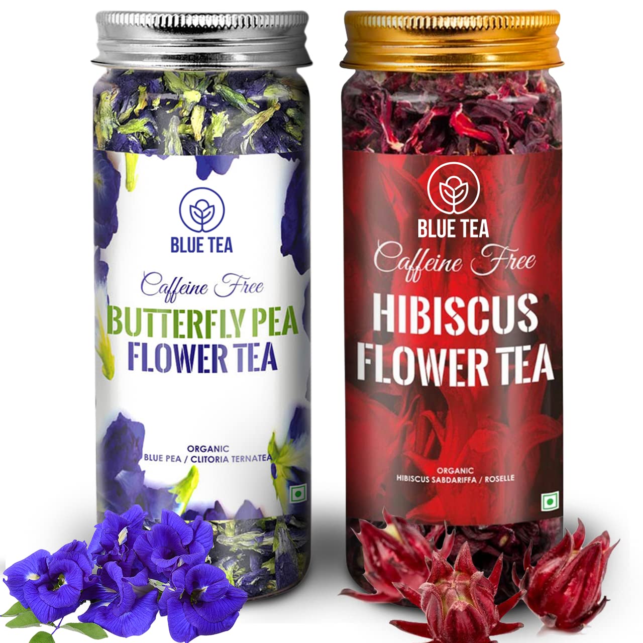BLUE TEA, Combo Pack, Blue Tea Butterfly Pea Flower Tea (0.88 Oz) and Hibiscus Flower Tea (1.76 Oz) ll FARM PACKED ll Caffeine Free Herbal Tea - Non Toxic - GMO Free | Recyclable Food Grade PET Jar | - 2 Piece Assortment