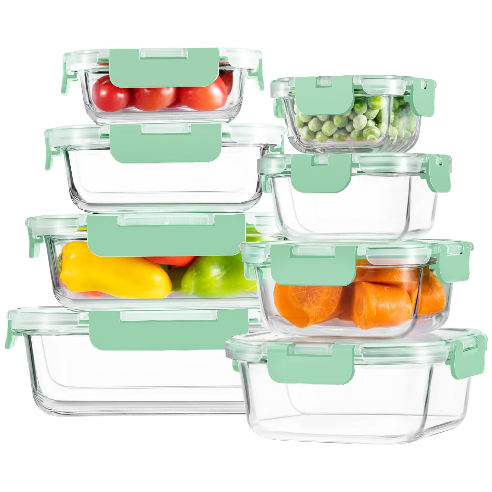 HOMBERKING Paquete de 8 recipientes de vidrio para almacenamiento de alimentos con tapas, recipientes de preparación de comidas, cajas Bento herméticas con bloqueo a prueba de fugas para microondas