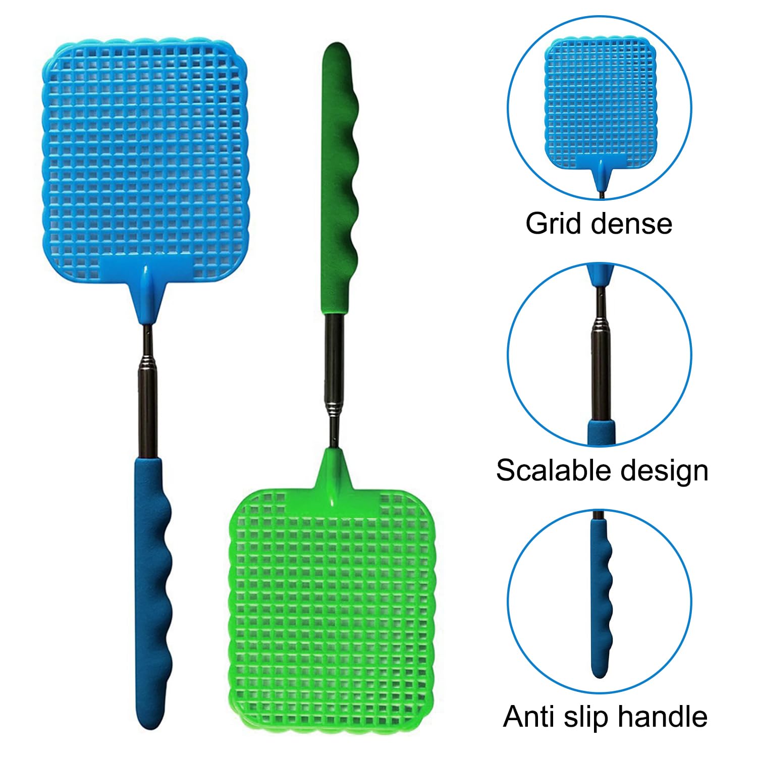 Scacciamosche, 2 pezzi Estensibile Scacciamosche, Scacciamosche Manuale,Portatile Scacciamosche Plastica, per Mosche, Zanzare e Insetti-Blu/Verde