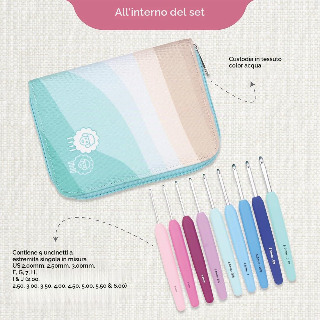KnitPro Waves - Set di 9 uncinetti Deluxe, misure da 2 a 6 mm, impugnatura morbida ergonomica, impugnatura in gomma morbida per mani artritiche, ferri da uncinetto leggeri e comodi per lavorare a