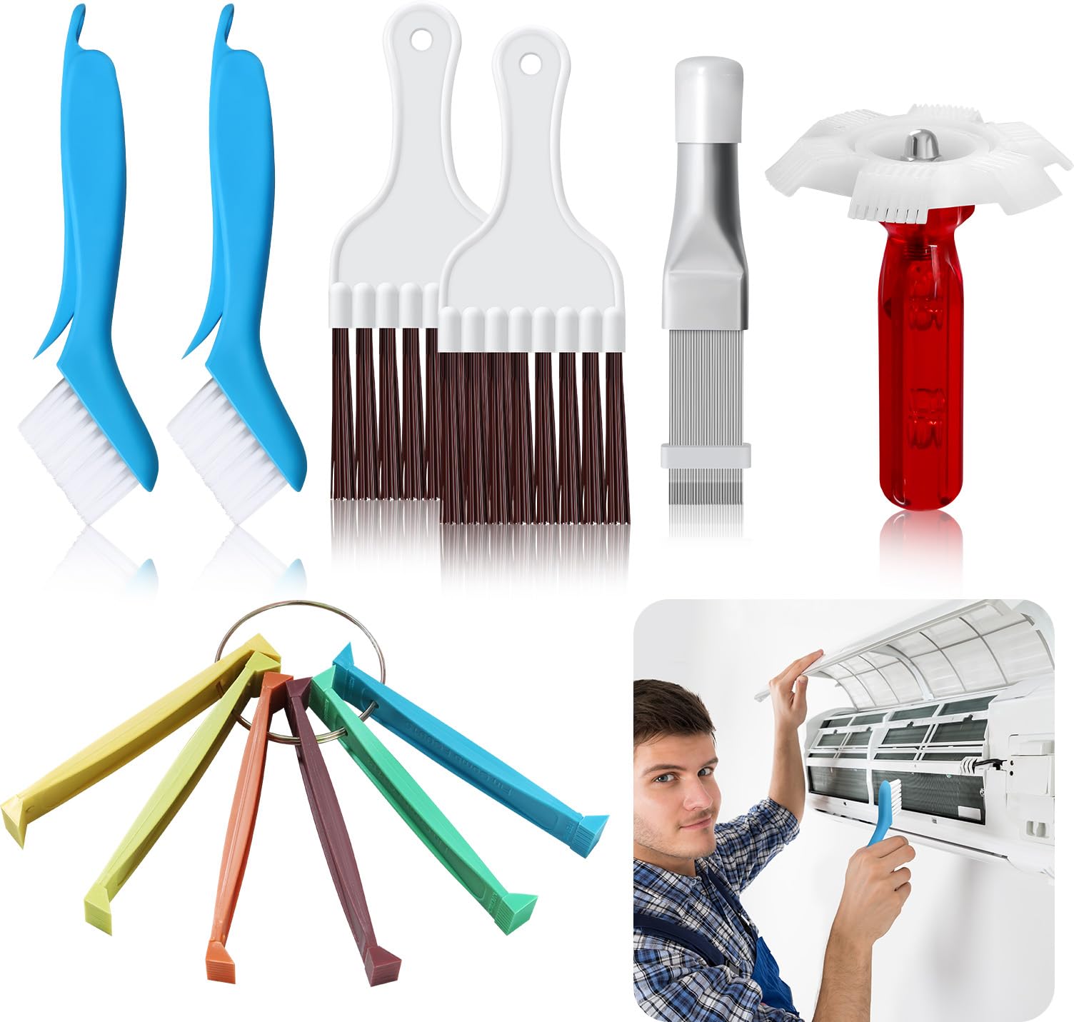 7 PCS Air Conditioner Fin Cleaner Set 3 Different AC Fin Comb Condenser Fin Straightener and 4 AC Coil Combs Cleaning Brush for AC Unit Radiators Evaporators Repair Clean Tool