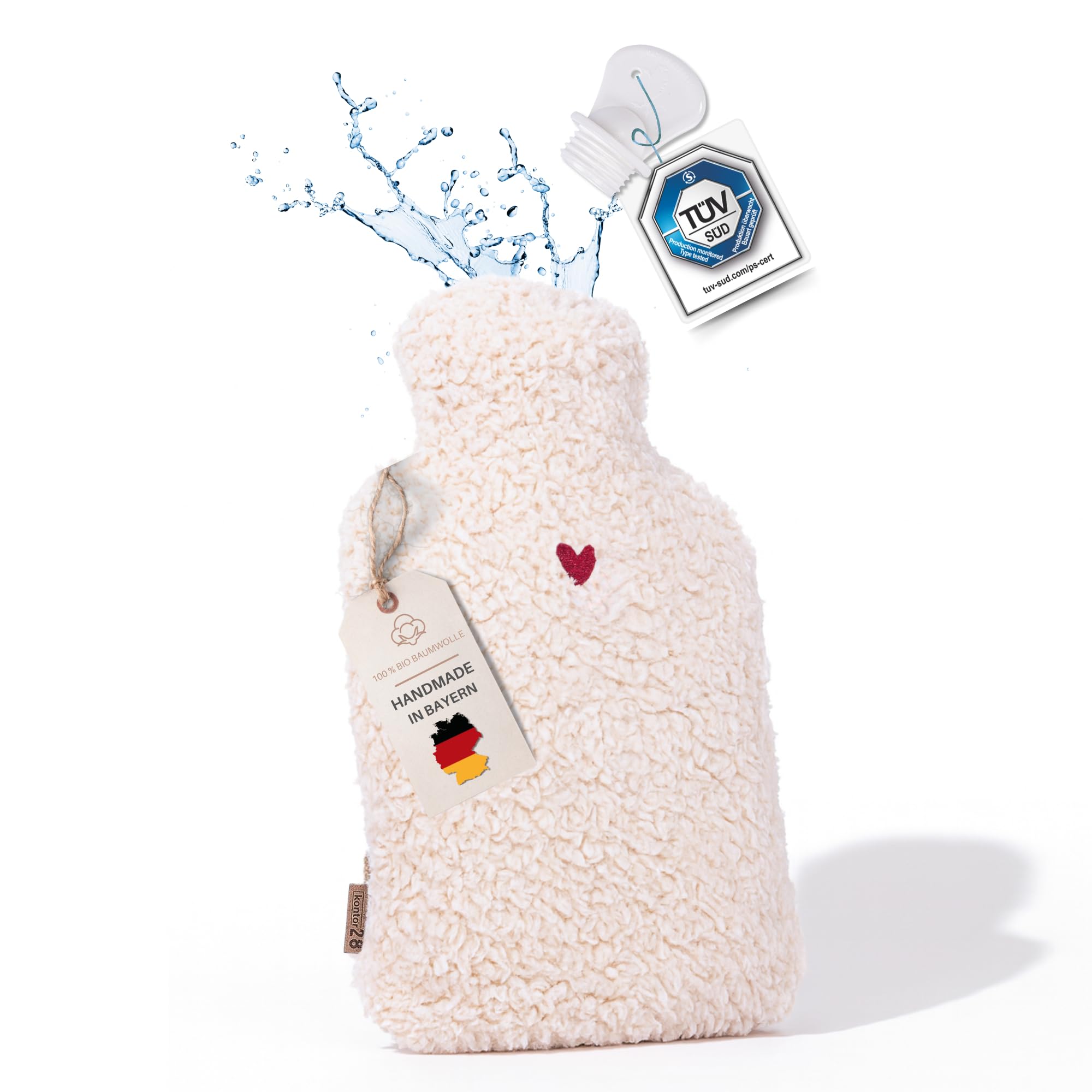 kontor28 - Morbida borsa dell'acqua calda TEDDY con rivestimento in 100% cotone biologico, realizzata a mano in Germania, a prova di perdite, inodore e analgesico per bambini/adulti – 2,0 litri