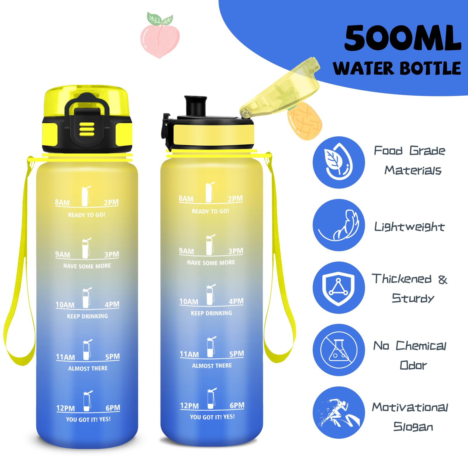 Mujigaga Borraccia, 500ml Borraccia Bambini, Senza Perdite, Borraccie Motivazionale, Facile da Pulire, Borraccie con Orari per Bere, Borracce con Filtro, per Campeggio, Ufficio, Ciclismo, Nuoto - 3