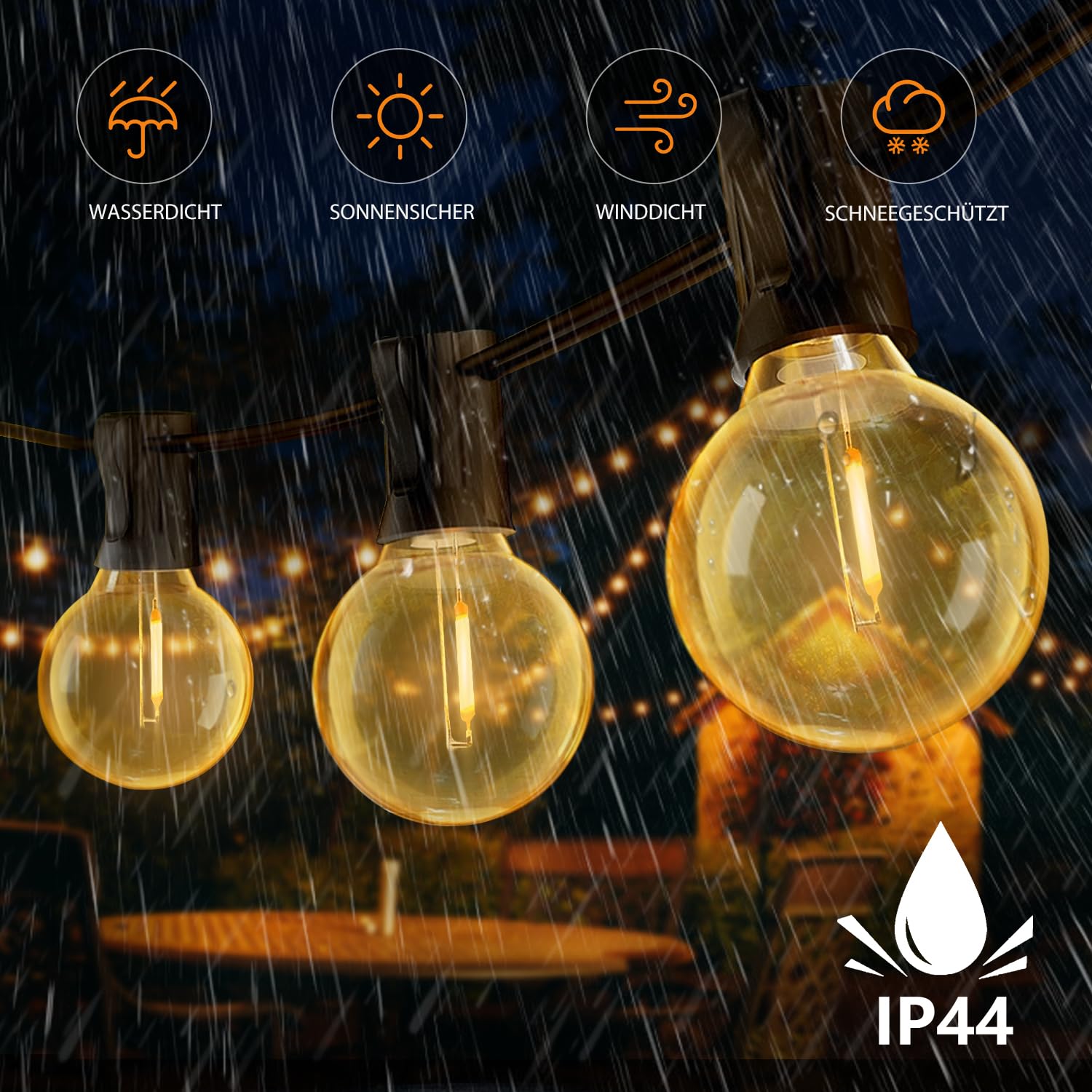 Lichterkette Outdoor LED Außen 20m Warmweiß IP44 Wasserdicht Wetterfest Strom, Außenbeleuchtung für Balkon Terrasse Garten Pavillon, Lichterketten Party Deko mit Glühbirnen