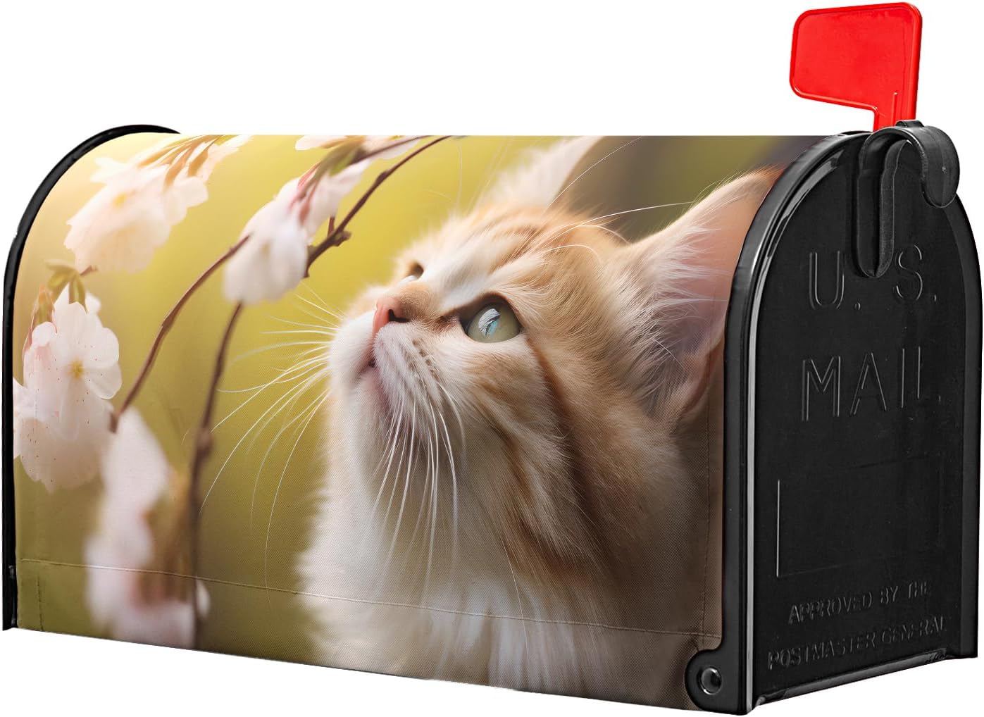 Floral Cat Magnetic Mailbox Cover - Kitten Animal Pattern Art Desgin Welcome Spring Flowers Post Box Cover Wrap Decoration Garden Outdoor Standard Size 21 x 18 in