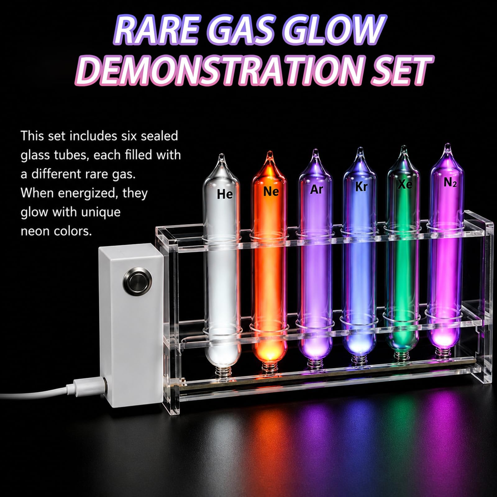 Seltenes Gas-Leuchtröhren-Set – 6 vakuumversiegelte Schutzgas-Demonstrationsröhren mit Erregungsbasis für Klassenzimmer, Heimdekoration, Labors und Ausstellungen, 99,999% Reinheit