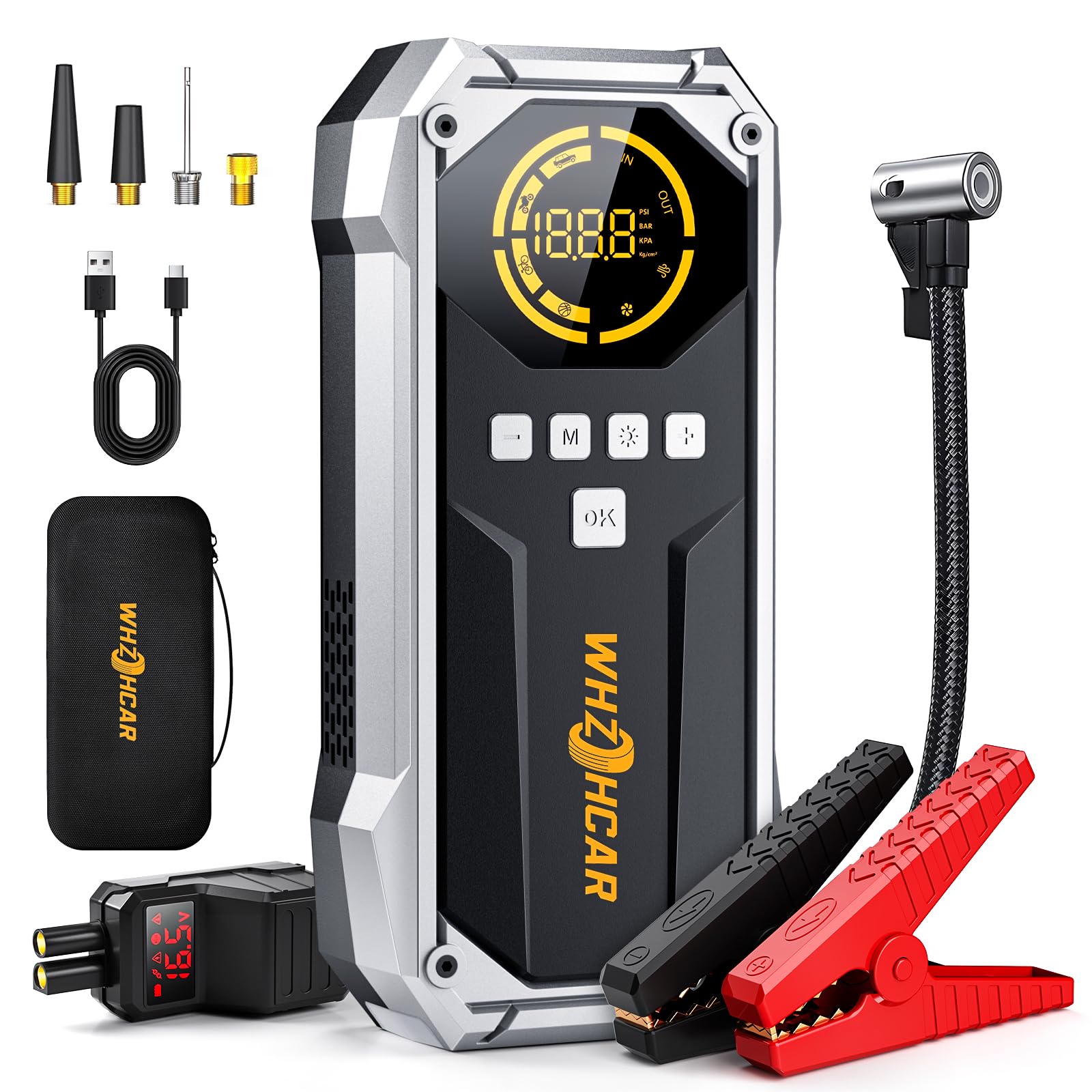 Booster Batterie Voiture 150PSI Compresseur d’Air Booster Batterie Voiture Puissant 12V Jump Starter pour Véhicule Pack avec Power Bank Pinces de Sûreté Intelligentes Lampe à LED Image du produit 1