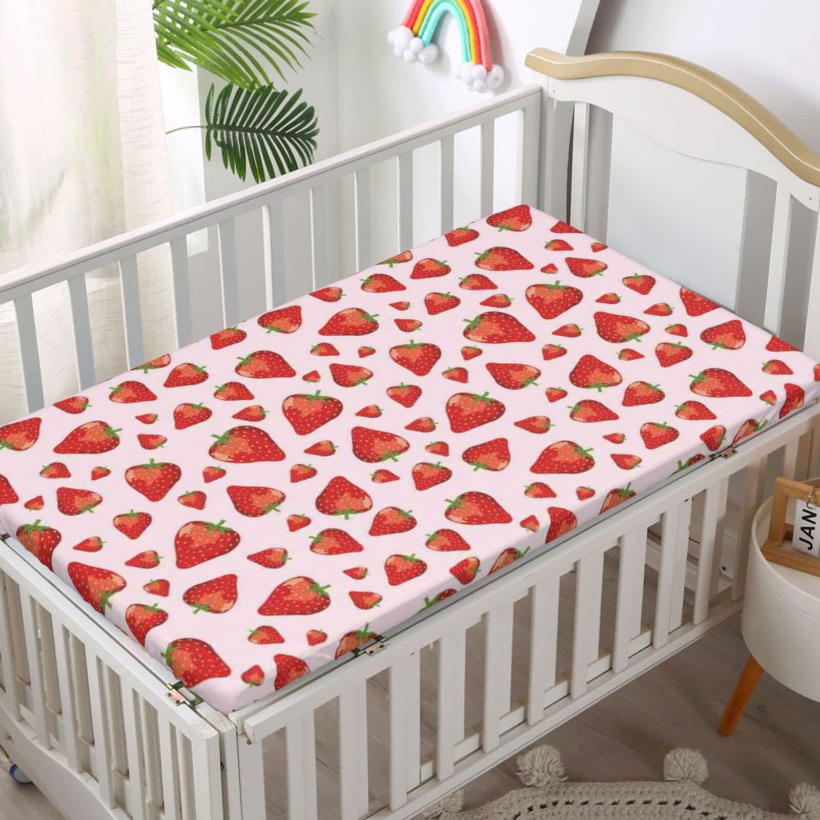 Strawberry Themed Fitted Mini Crib Sheets,Portable Mini Crib Sheets Soft Toddler Mattress Sheet Fitted-Great for Boy or Girl Room or Nursery,24“ x38“,Lime Green Vermilion Rose