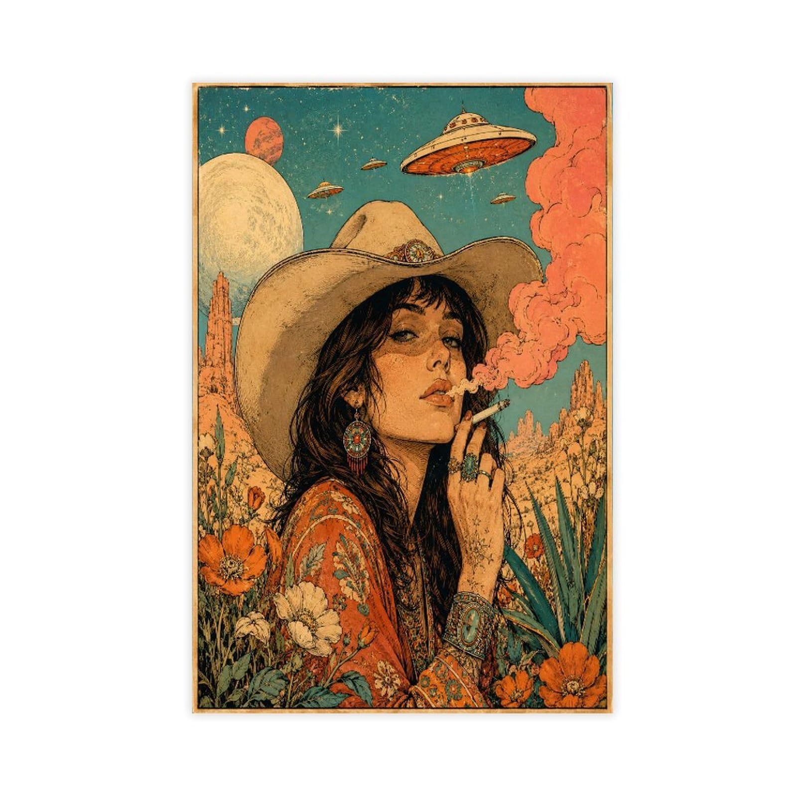 W7C8U2X3 Cowgirl with UFOs Canvas Wall Art, Vintage Sci Fi Bedside