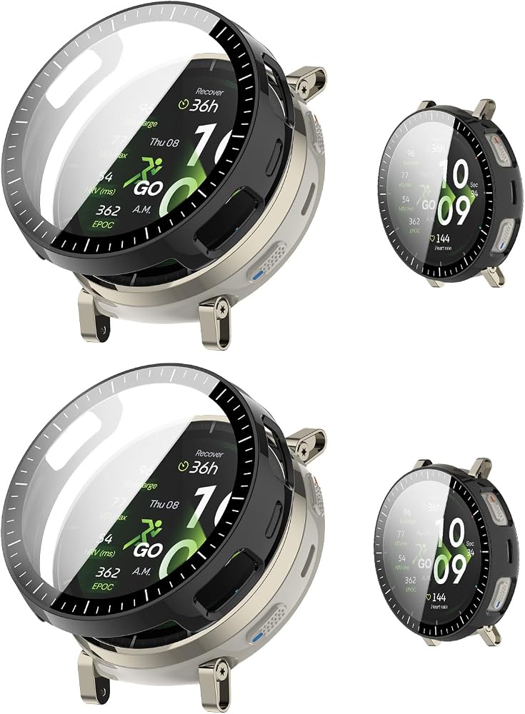 Amazfit Active 3 프리미엄, NOUKAJU 보호 커버 스마트워치용 2팩 케이스, 내장 9H 강화 유리 필름, 하드 PC, 쉬운 설치, Amazfit Active 3 프리미엄용 액정보호필름(블랙+블랙) — 사진 1