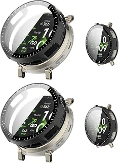 Amazfit Active 3 프리미엄, NOUKAJU 보호 커버 스마트워치용 2팩 케이스, 내장 9H 강화 유리 필름, 하드 PC, 쉬운 설치, Amazfit Active 3 프리미엄용 액정보호필름(블랙+블랙)