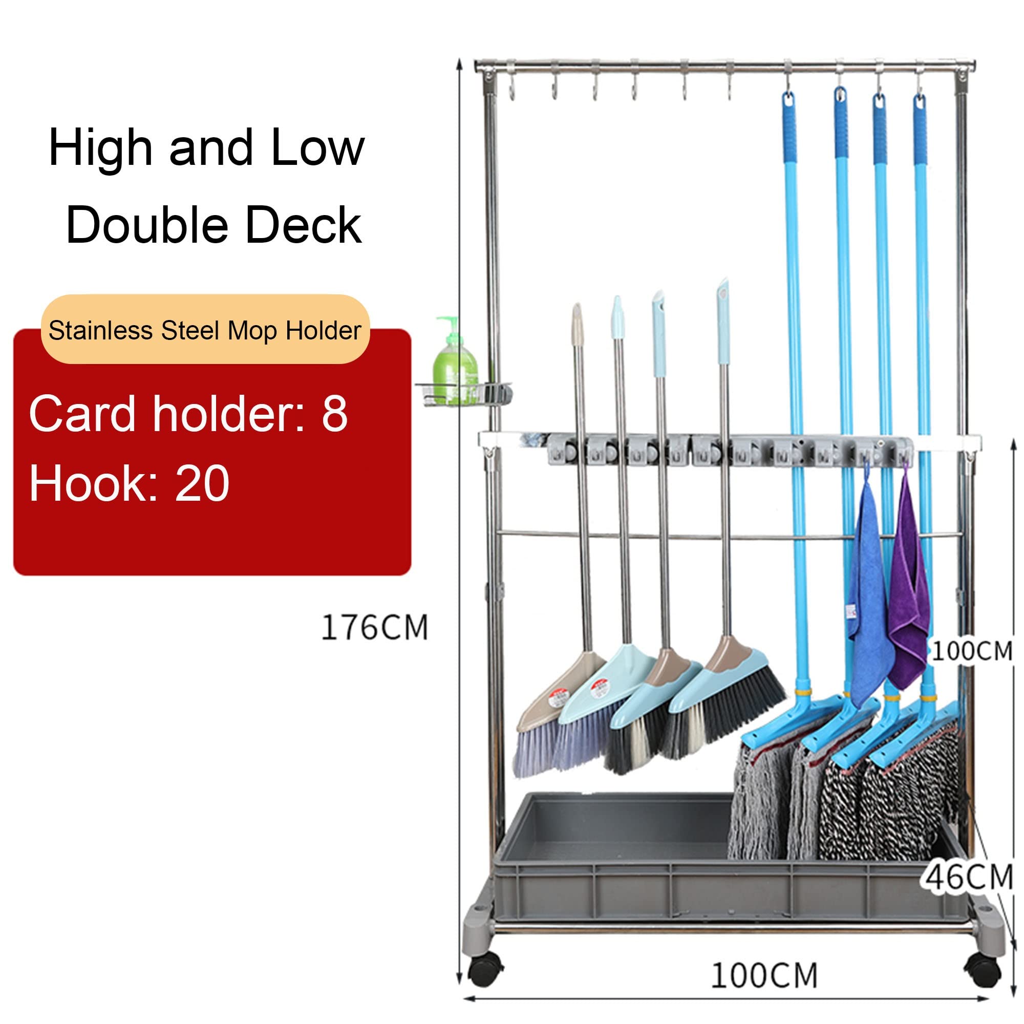 Movable Commercial Mop Rack,Floor Standing Cleaning Tool Cart Storage,Mop and Broom Garden Tool Holder,Housekeeping Cart, Umbrella Stand,Double Deck Stainless Steel Bracket,can Put Wet Mop (Color :