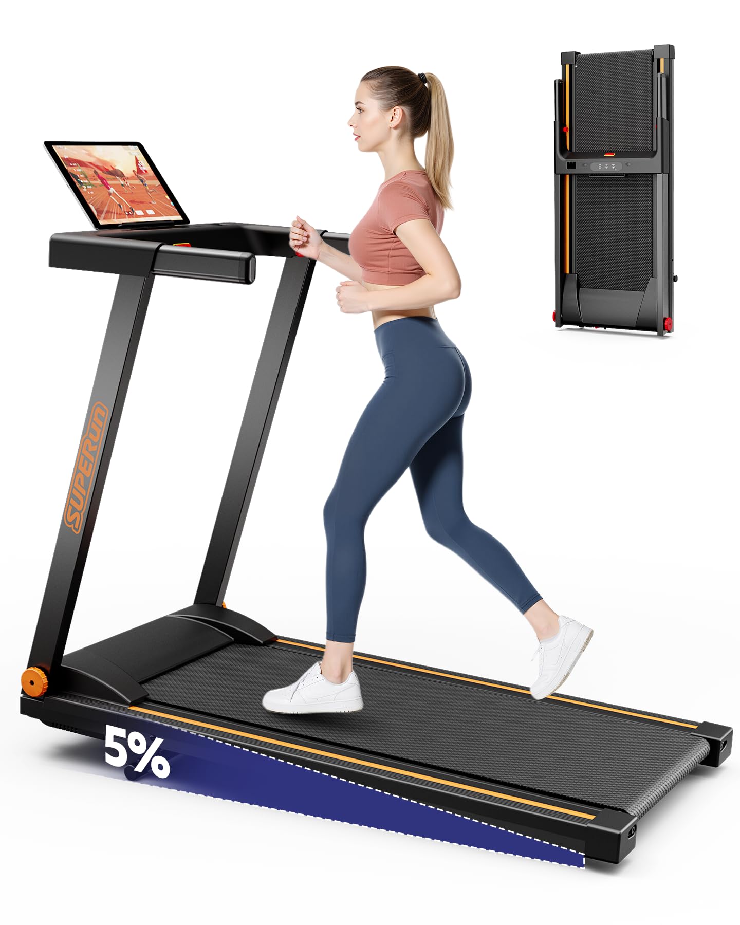 4-in-1 Treadmills for Home with Incline and Handles, Foldable Treadmill for Home Small Spaces, 300 LBS Capacity 3.0 HP 7.5 MPH Folding Running Treadmill with Smart App Black Orange