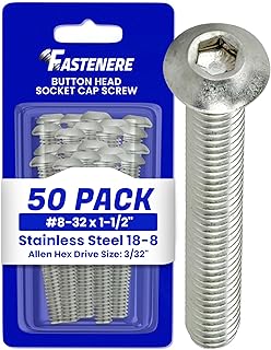 Fastenere Button Head Socket Cap Screws – 8-32 x 1-1/2″ (50 Pack) Stainless Steel 18-8, Full Thread, Bright Plain Finish, Corrosion-Resistant, Machine Thread, Easy to Install w/Al…