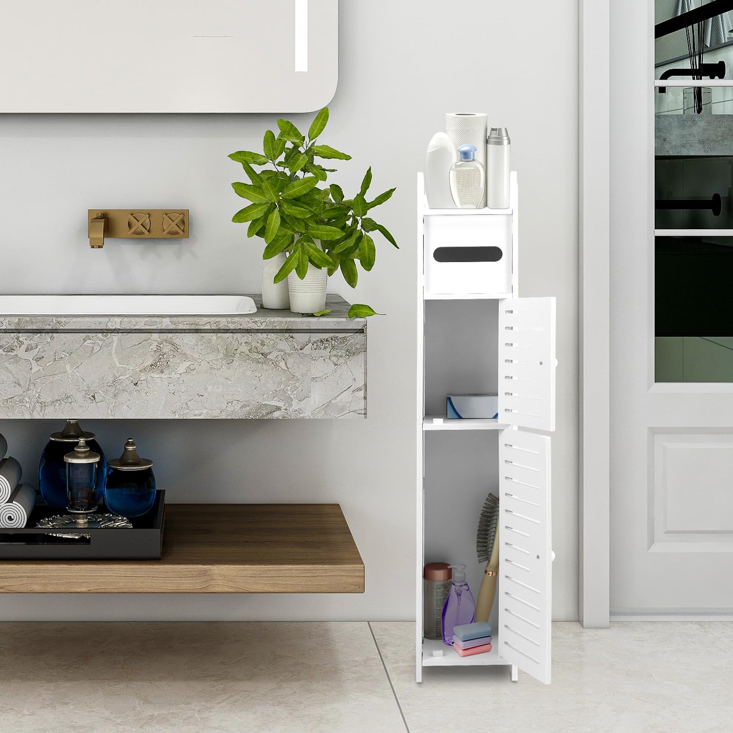 QWORK® Muebles Auxiliares de Baño, Armario de Baño, Mueble Baño Estrecho Portarrollos de Papel Higiénico Impermeables 14 x 15 x 80 cm
