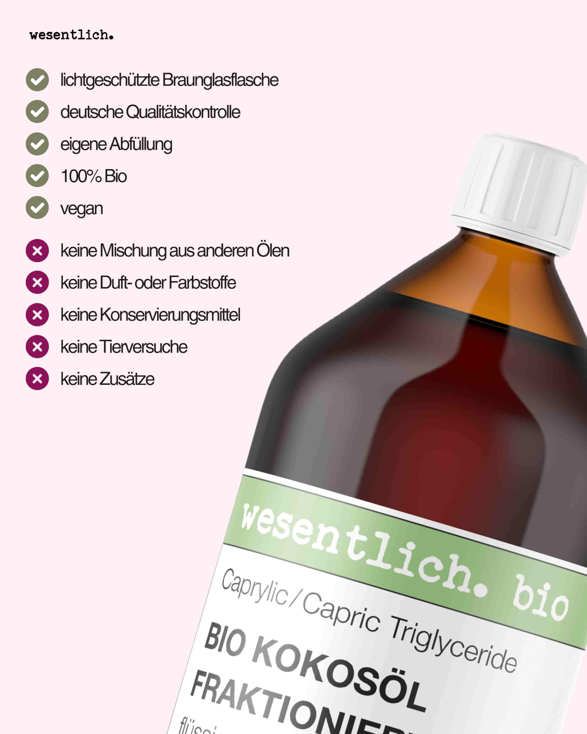 wesentlich. Bio Kokosöl fraktioniert 1000 ml - flüssiges Kokosöl in der Glasflasche - geruchsneutrales Körperöl & Massageöl - Trägeröl für ätherische Öle