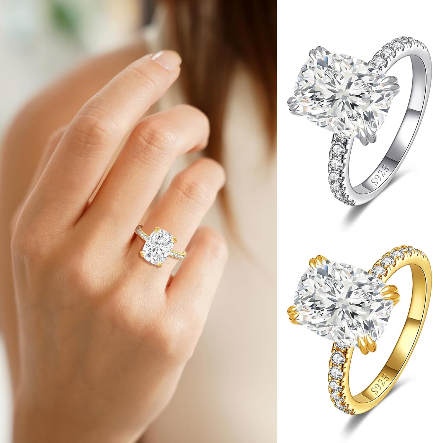 5CT Elongated Cushion Cut Engagement Ring, S925 Sterling Silver Cubic Zirconia Wedding Rings for Women 14K Gold/White Gold Plated, Promise Anniversary Birthday Gift for Her, Size 5-10 - Image 3