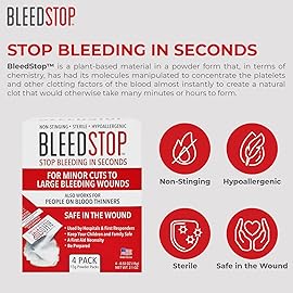 BleedStop First Aid Powder for Blood Clotting, Trauma Kit, Blood Thinner Patients, Camping Safety, and Survival Equipment for Moderate to Severe Bleeding Wounds or Nosebleeds 5 Pack 15g