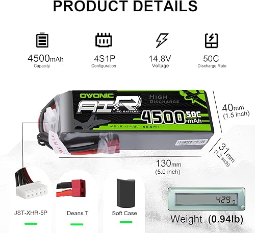 Miniatura 2 de OVONIC Paquete de 2 baterías 4S 14.8V 4500mAh 50C LiPo con enchufe en T estilo Dean para RC Evader BX Car, RC Truggy RC Avión UAV Drone FPV