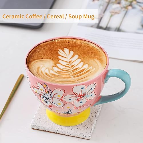 Miniatura 4 de superyes Bonita taza de café de cerámica rosa hecha a mano con diseño floral para leche, café con leche, capuchino, té, cacao, cereales, chocolate