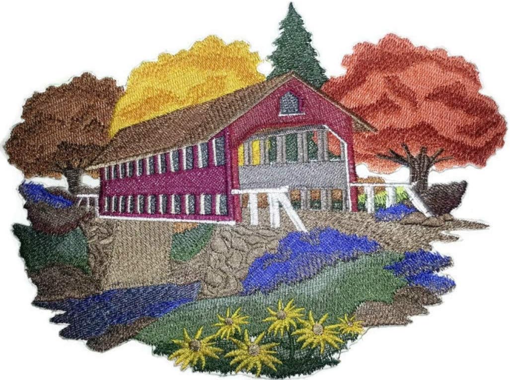 Custom and Unique Covered Bridge in Autumn Embroidered Iron on/Sew Patch [7.8" * 5.69"] [Made in USA]