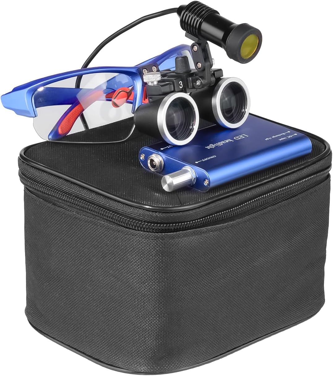 EustomA 3.5X Binocular Loupes Magnifier with 5W LED Clip on Headlight Optical Glass Headlamp with Two Clips Adjustable Cloth Bag DY-409-3.5X (Blue)