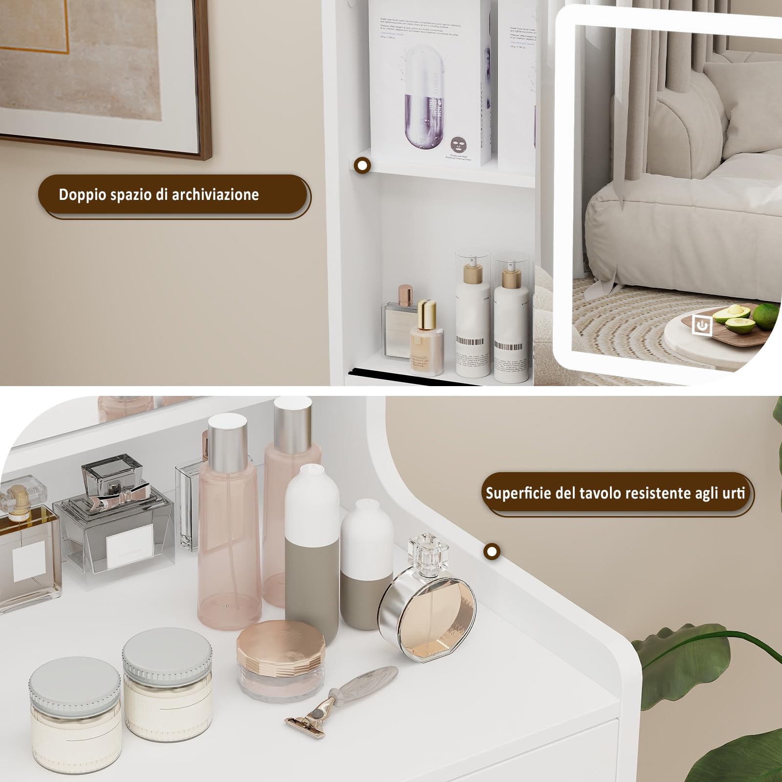 YU YUSING Toeletta Trucco con Luci LED e Specchio 3 Colori, Tavolo da Trucco con Sgabello, 3 Cassetti e 5 Ripiani, Postazione 60cm Vanity Desk for Makeup, Camera da Letto Soggiorno, Moderno, Bianco
