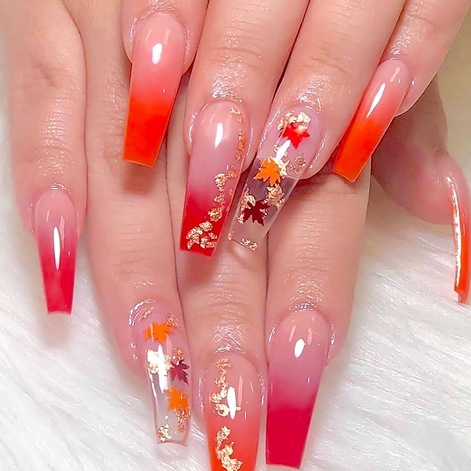 RTKHFZE Fall Press on Nails Long Coffin Fake Nails French Tip Red Gradient False Nails with Maple Leaf Designs Full Cover Acrylic Nails Gold Foil