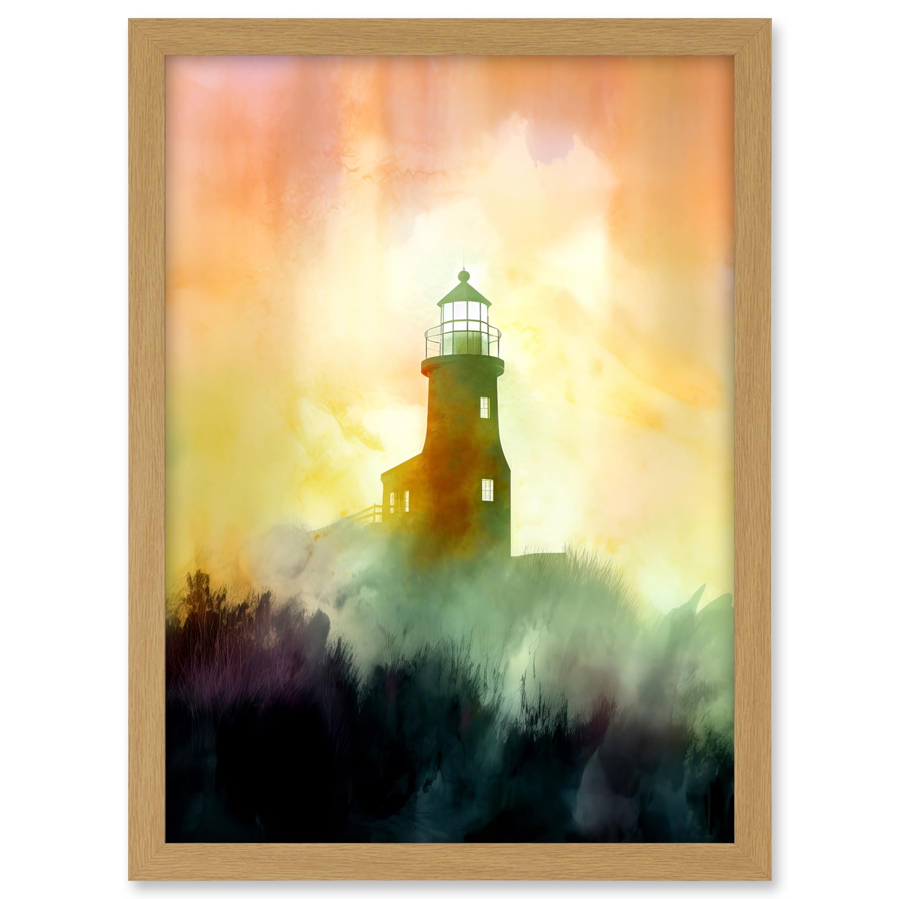 Artery8 Lighthouse in the Fog Watercolour Painting Soft Atmospheric Light Coastal Landscape Artwork Framed A3 Wall Art Print