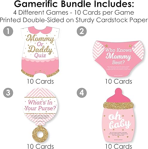 Miniatura 3 de Big Dot of Happiness Hello Little One - Rosa y dorado - 4 juegos de baby shower para niñas - 10 cartas cada uno - Paquete gamerific