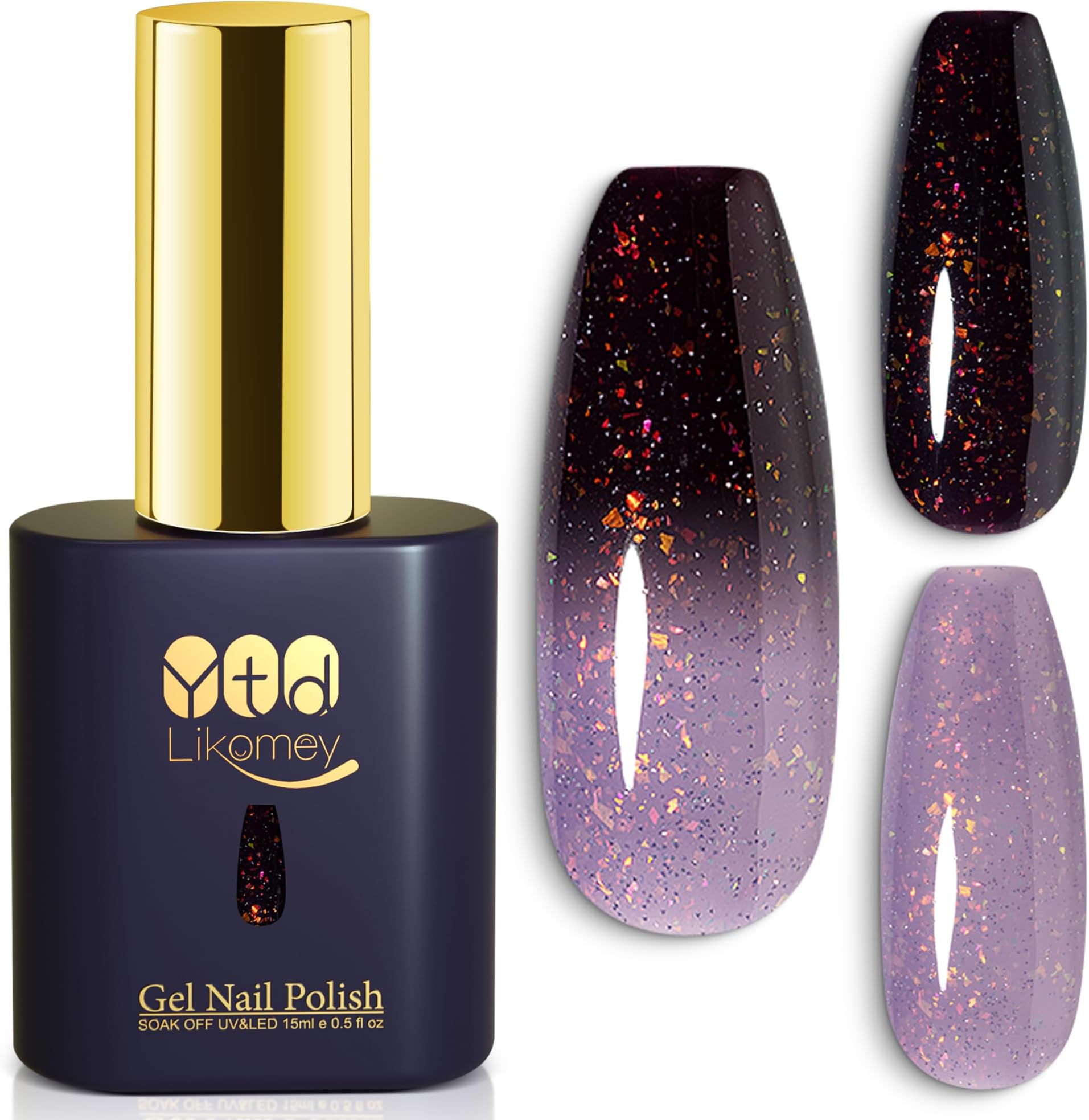 YTD Likomey Iridescent Flakes Color Changing Gel Nail Polish,Thermal 15ml Dual-Tone Dusty Purple to Black Plum Sparkly Glitter Temperature Mood Ombre Gradient UV Nail Gel,WB348
