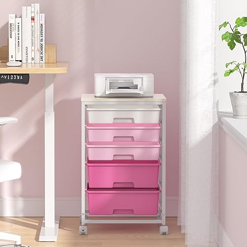 Miniatura 8 de SYKIARIOL Carrito utilitario con 5 cajones, carrito de almacenamiento con mesa de madera y ruedas con cerradura, carrito de almacenamiento para