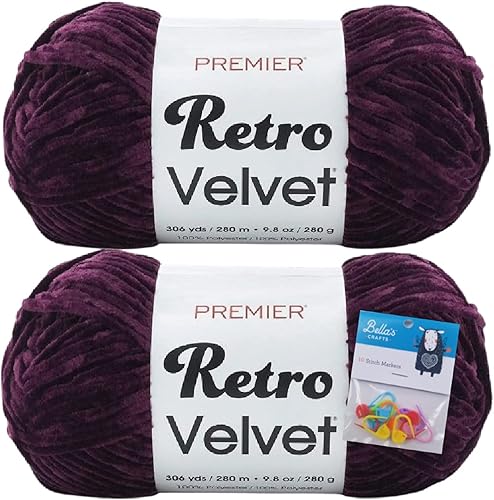 Premier Yarns - Ovillo de terciopelo retro, bola grande, 9.8 onzas, paquete de 2 unidades con marcadores de puntada Bella's Crafts (morado)