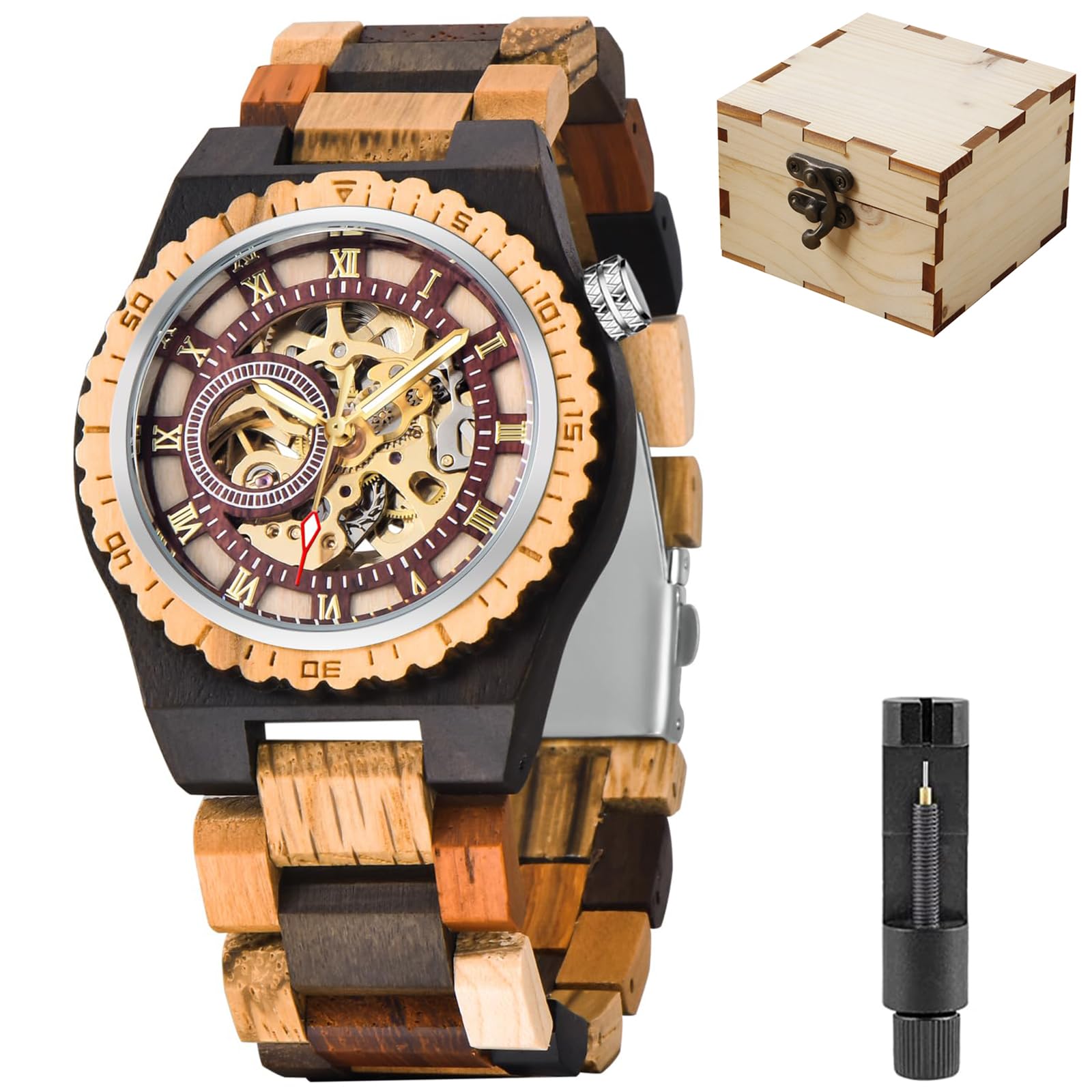 Tiong Mechanische Sportuhr aus Holz, hohles digitales Zifferblatt, Holzarmband mit leuchtenden Zeigern, mechanische Herrenuhr，Geschenke für Männer