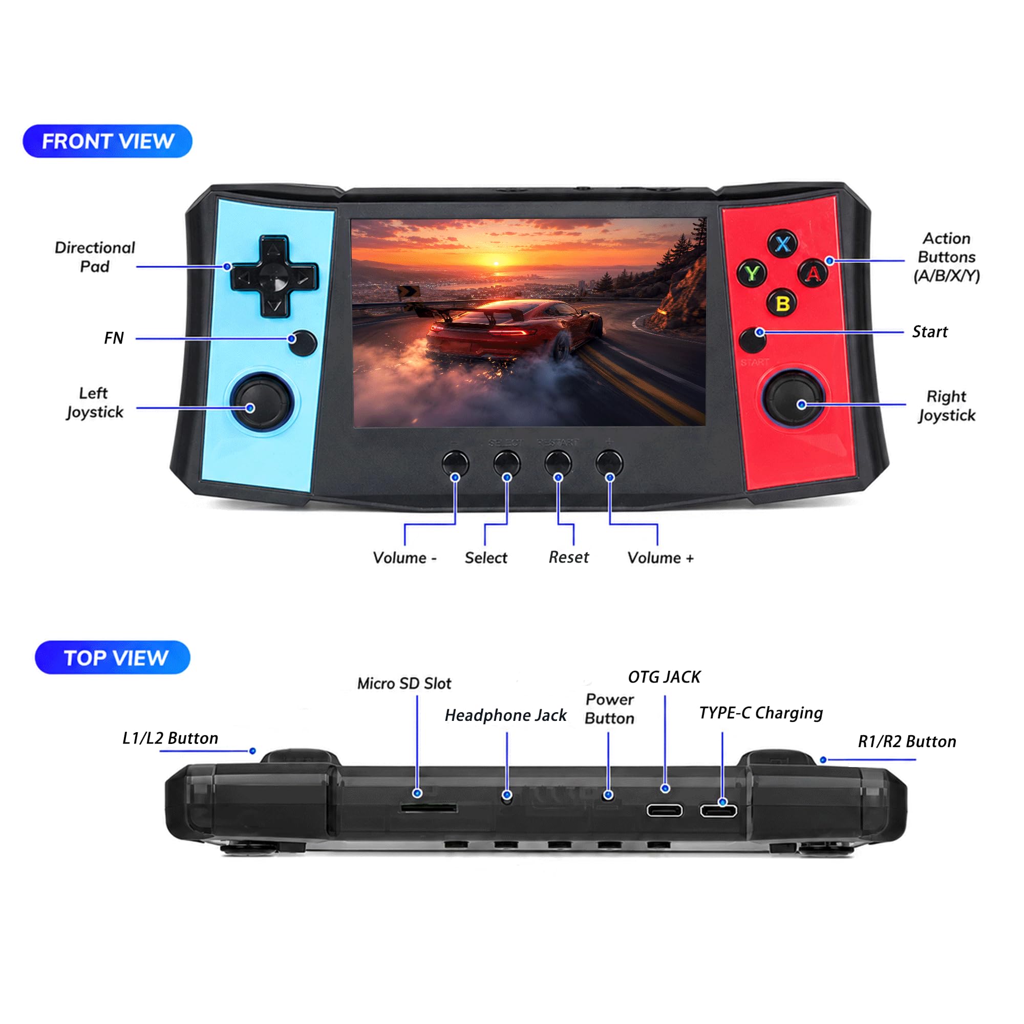 Console di gioco retrò portatile, schermo IPS da 4,5 pollici, sistema di gioco portatile con scheda TF da 256 GB, doppi joystick 3D, anelli luminosi RGB, batteria ricaricabile da 4000 mAh, sistema