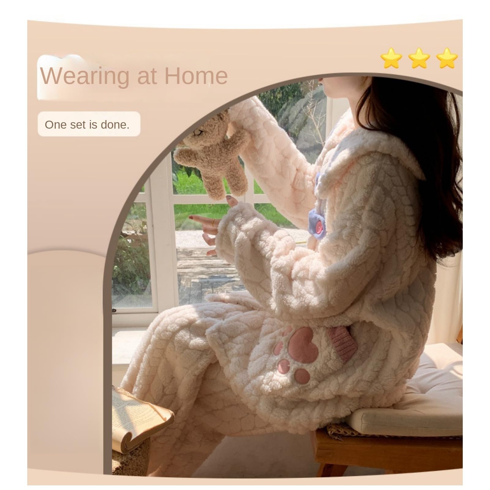 Pyjama Winterhose Süßes Mädchen Hauskleidung Anzug Langarm Großer Revers Jacquard Cardigan Pyjama Weiblich-beige C-m