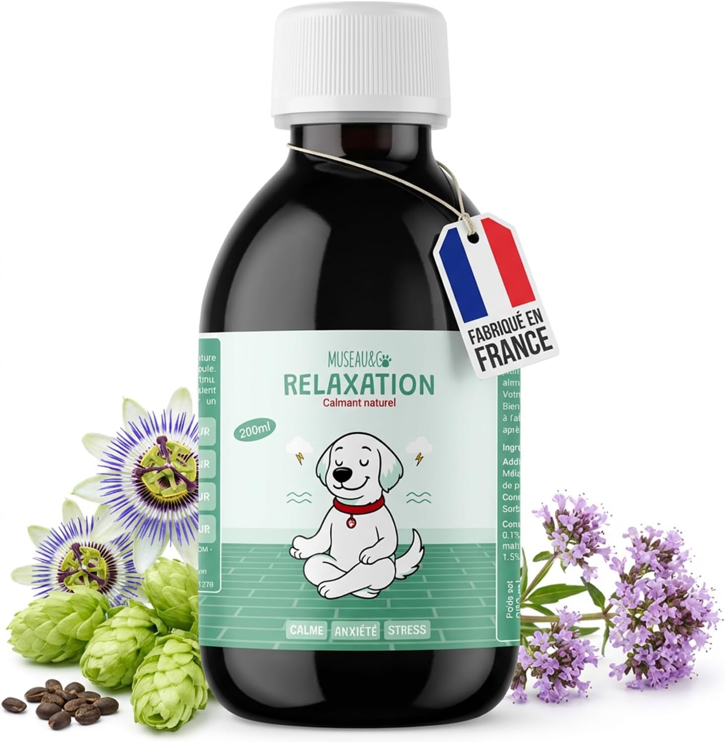 Museau & Co Anti-Stress Dog Cat Supplement – Calming Anxiety & Fireworks Supplement – Valerian Passionflower Griffonia Hops – Liquid Pipette – Formulated by Veterinarians – Made in France