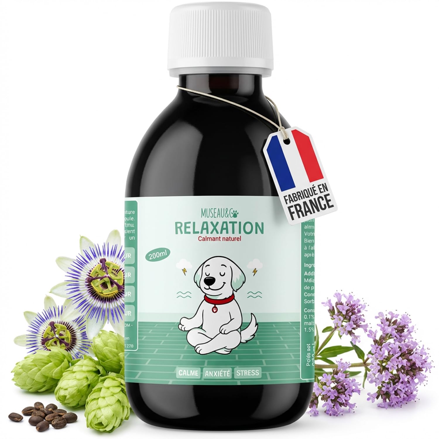 Museau & Co Anti-Stress Chien Chat - Complément Calmant Anxiété & Feux d'artifice - Valériane Passiflore Griffonia Houblon - Liquide Pipette - Formulé par des Vétérinaires - Fabriqué en France