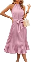 KIRUNDO Women's Sleeveless Halter Neck Pleated Midi Dress - Flowy A-Line Cocktail Beach Sun Dress with Belt 2026 Summer