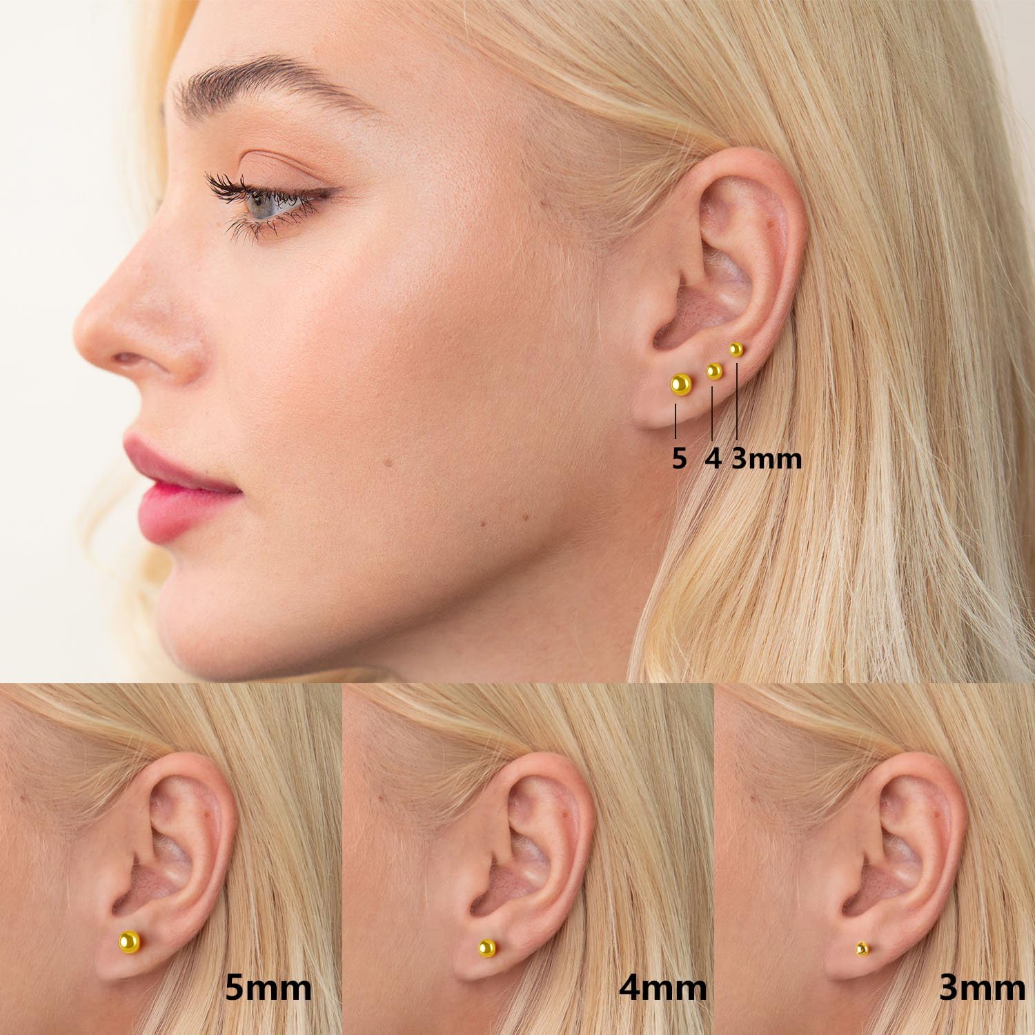 Gold Stud Earrings for Women 14K Gold Ball Stud Earrings Hypoallergenic Earring (3-Pair-Pack) 3MM 4MM 5MM with Butterfly Pushbacks - Image 2
