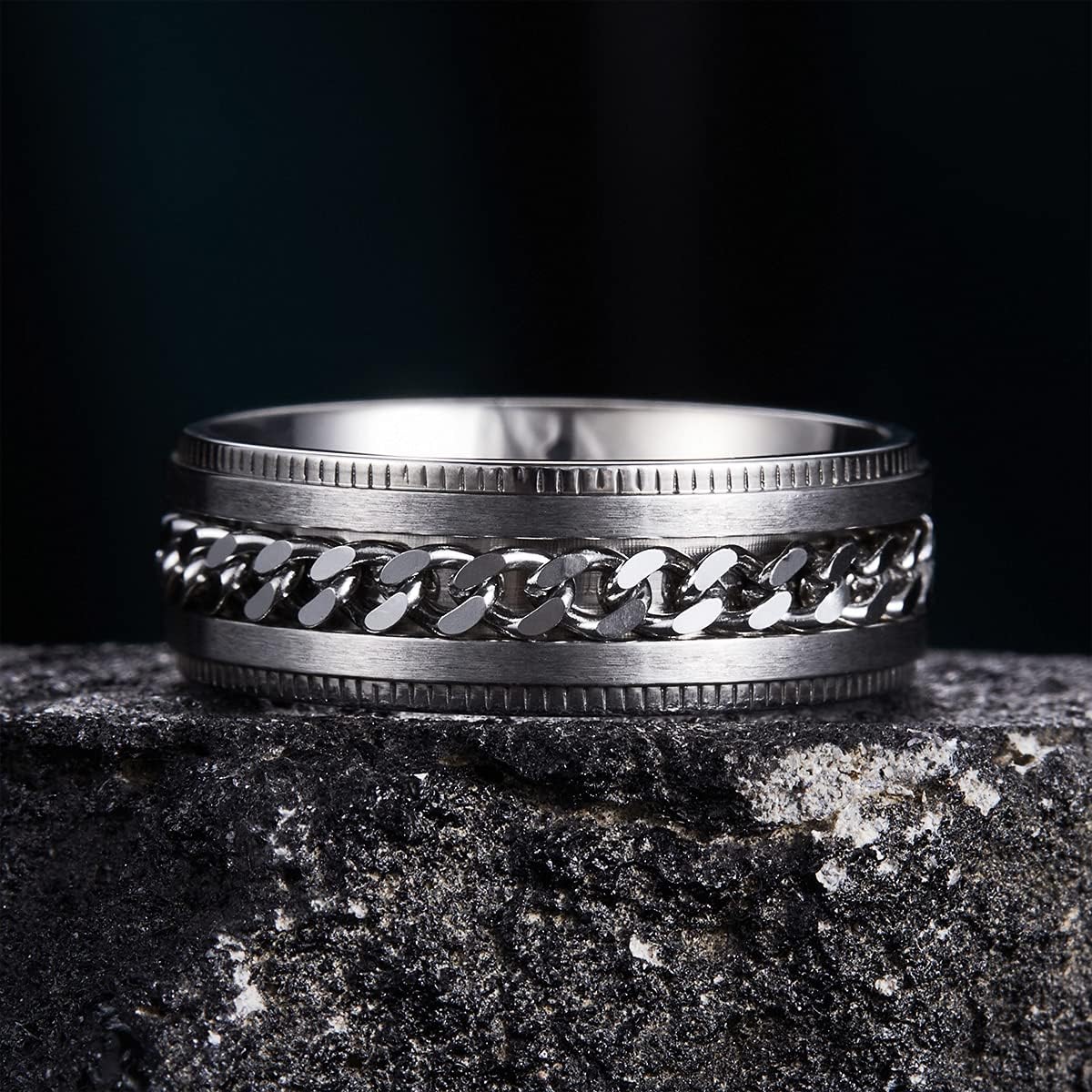 King Will 316L Stainless Steel Fidget Ring for Men Women-8mm Width with Stylish Chain Inlay Spinner Ring Stress Relief, Durable Wedding Band Comfort Fit Size 4-16