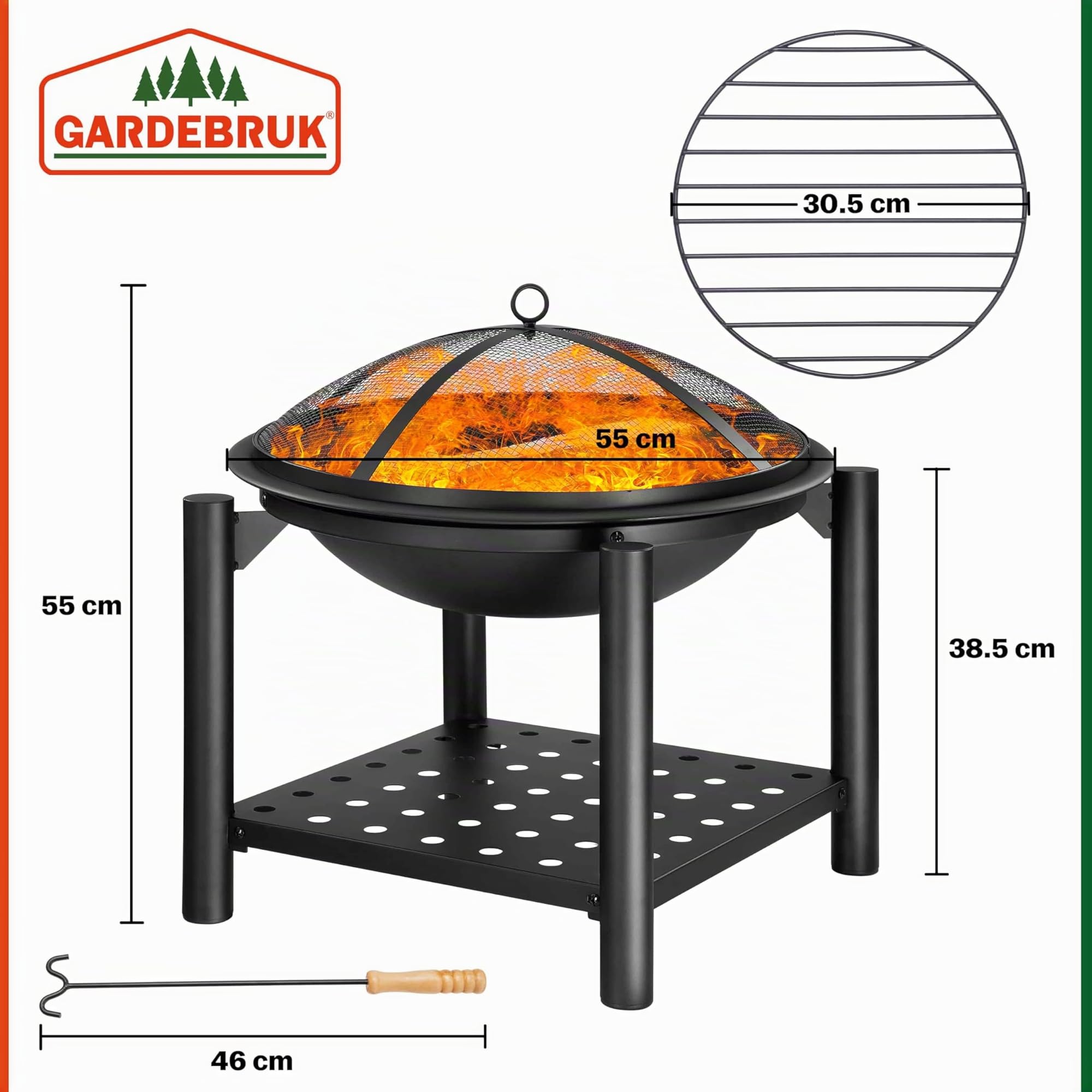 Gardebruk Feuersschale mit Funkenschutz Abdeckung Schürhaken Rund 55cm Holz Ablage Stahl Schwarz Feuerstelle Feuerkorb Garten Terrasse Kamin Grill