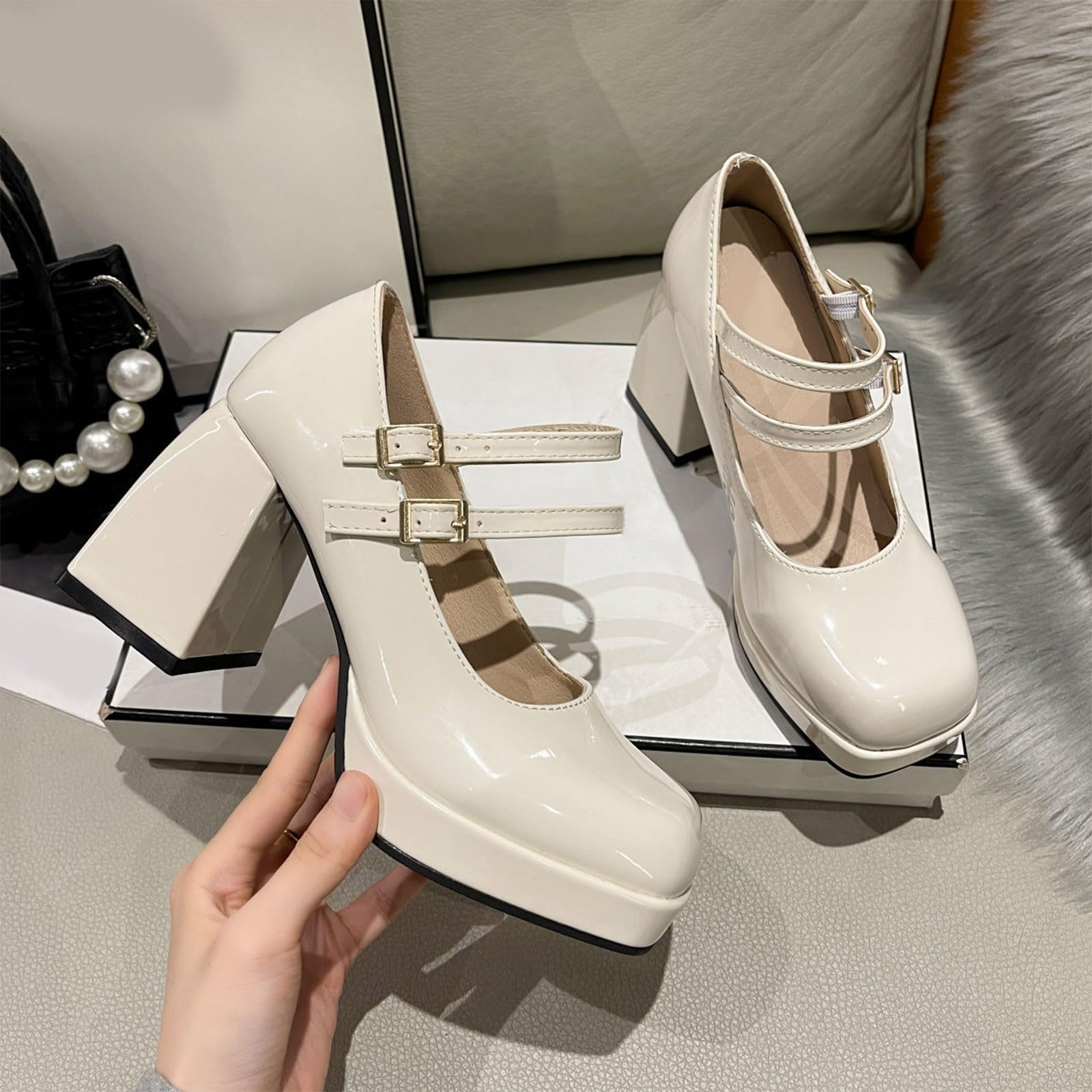 Scarpe Mary Jane da donna con plateau e punta alla caviglia, stile Lolita, in pelle verniciata, stile retrò, con tacco a blocco, per feste