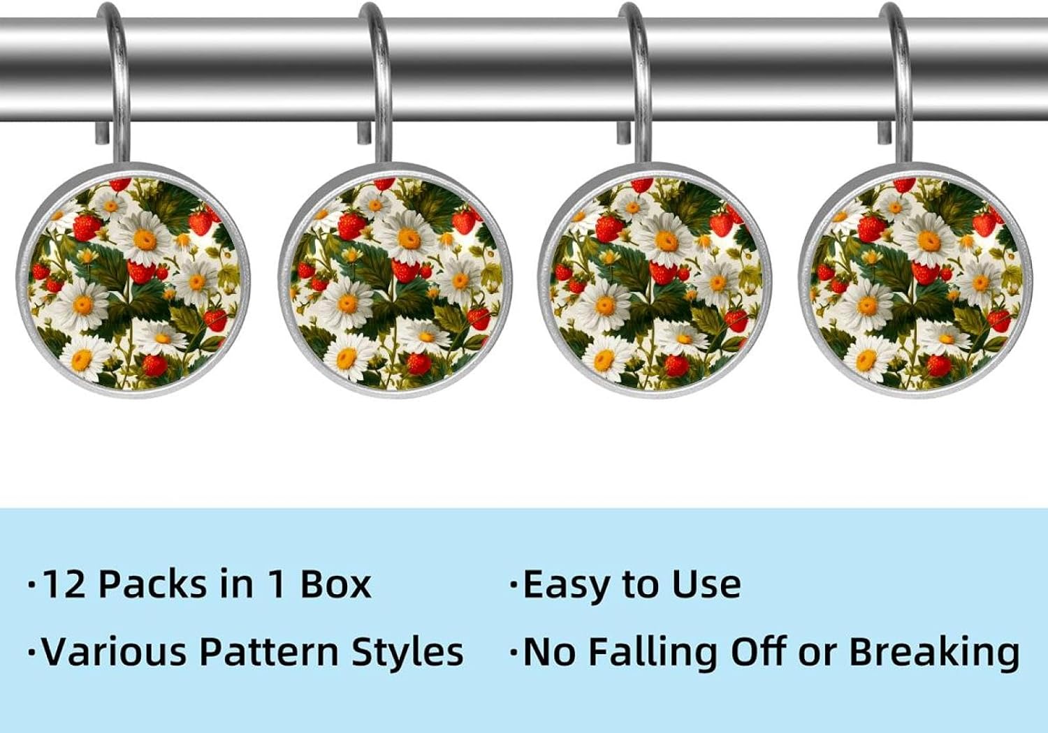 Shower Curtain Hooks, Home Decorative Daisy Flower Strawberry Pattern (1) Shower Curtain Rings for Bathroom, Rustproof Stainless Steel Shower Curtain Hangers Bathroom Accessories, Set of 12