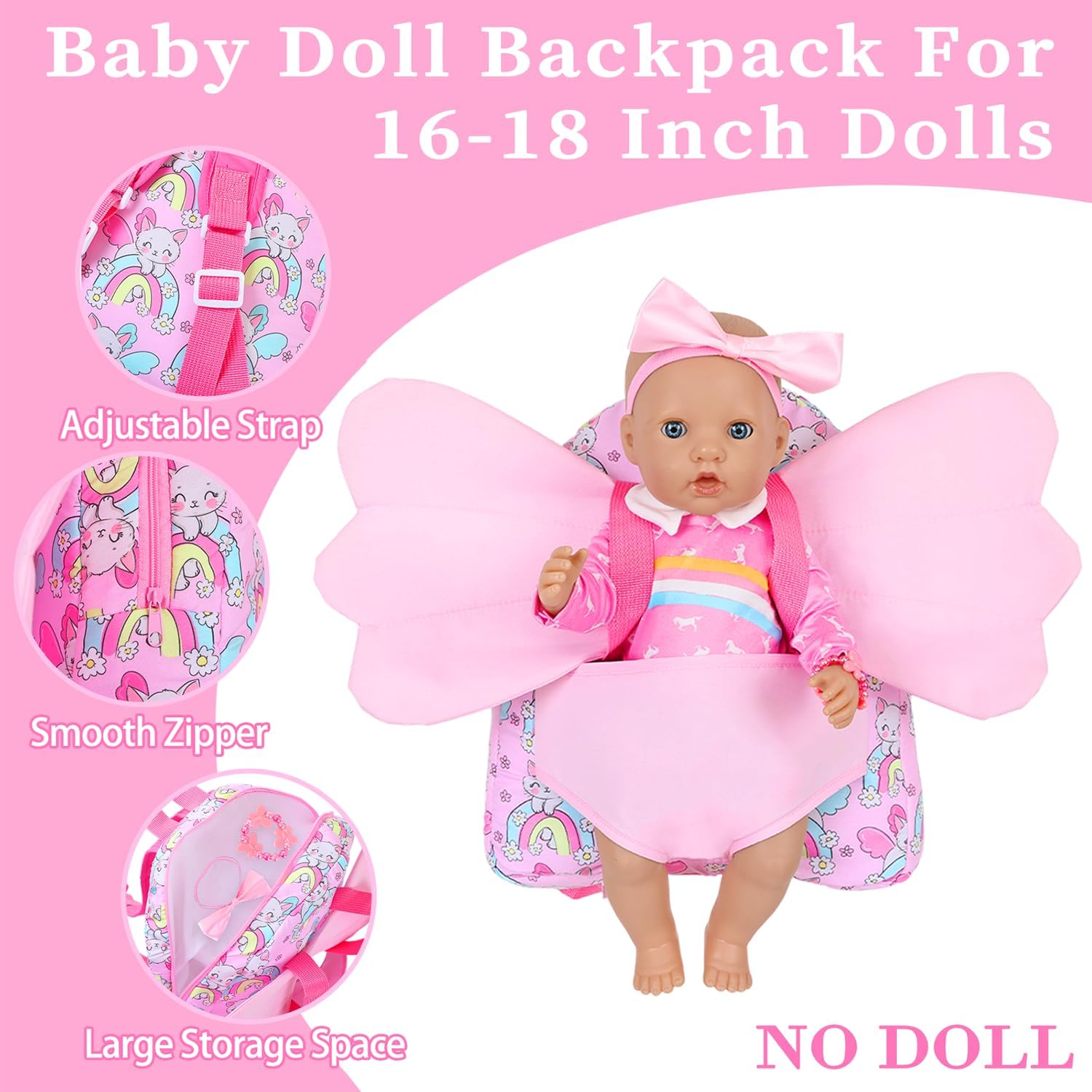 Ecore Fun 18 Inch Doll Backpack Carrier Set, 6PCS Doll Clothes & Fashion Accessories with Pink Backpack Carrier Bag, Headband, Bracelet, Outfit & Stickers