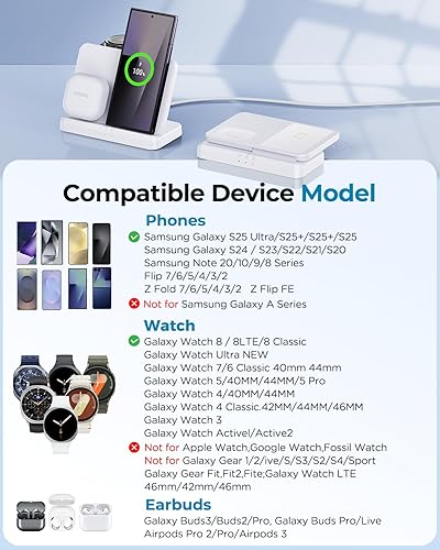Miniatura 2 de EGV Cargador inalámbrico para Samsung - Estación de carga inalámbrica 3 en 1 para Galaxy S25 Ultra S24 S23, Z Fold Flip 7/6, cargador de reloj