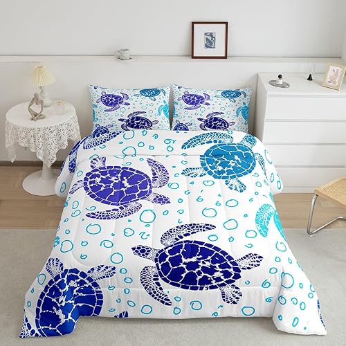 Miniatura 2 de Erosebridal Juego de edredón de plumas de tortuga marina tamaño matrimonial, juego de edredón bohemio de tortuga para niños, vida oceánica, azul