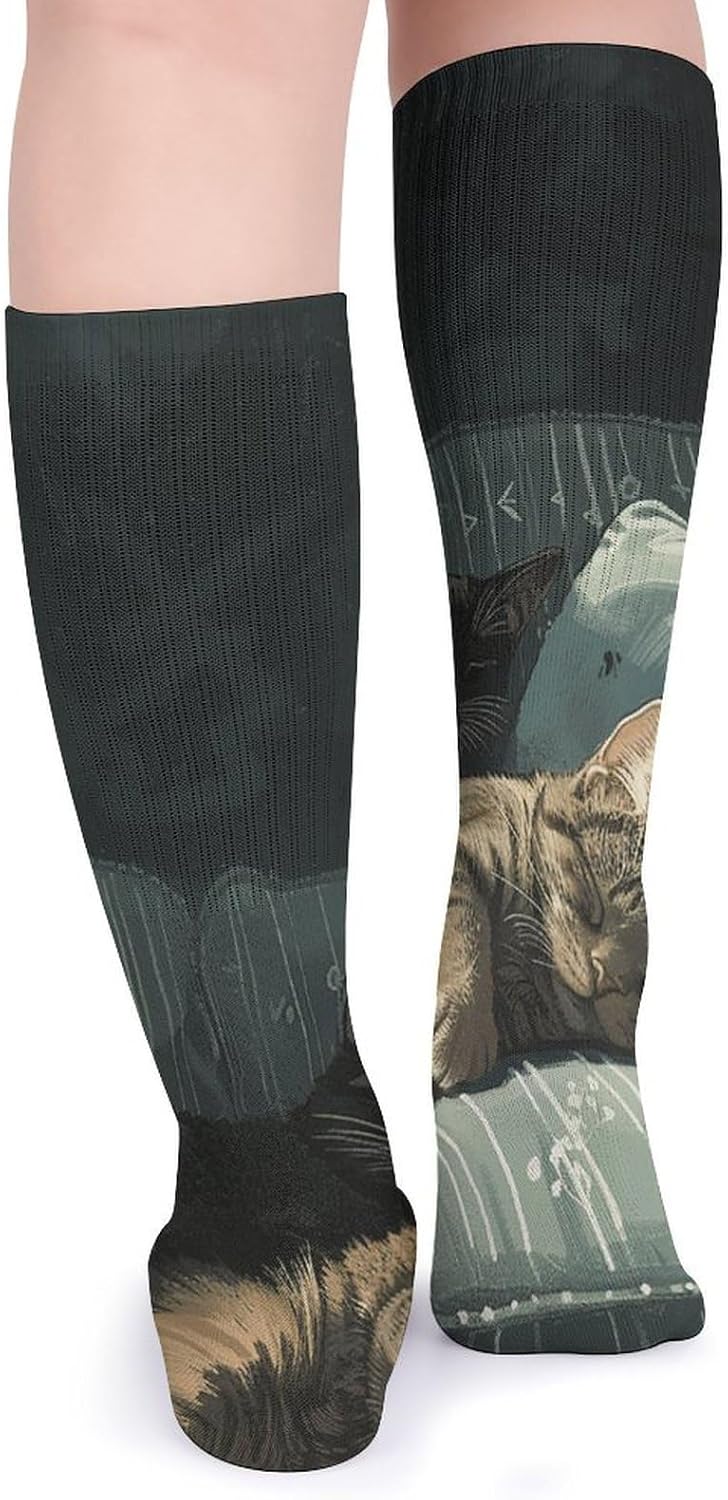 Breathable Crew Sock, Moisture Wicking, Athletic Calf Socks, Cozy | Cat Lying on The Sofa Compression Socks for Women Men, Lightweight High Work Socks for Business, Casual