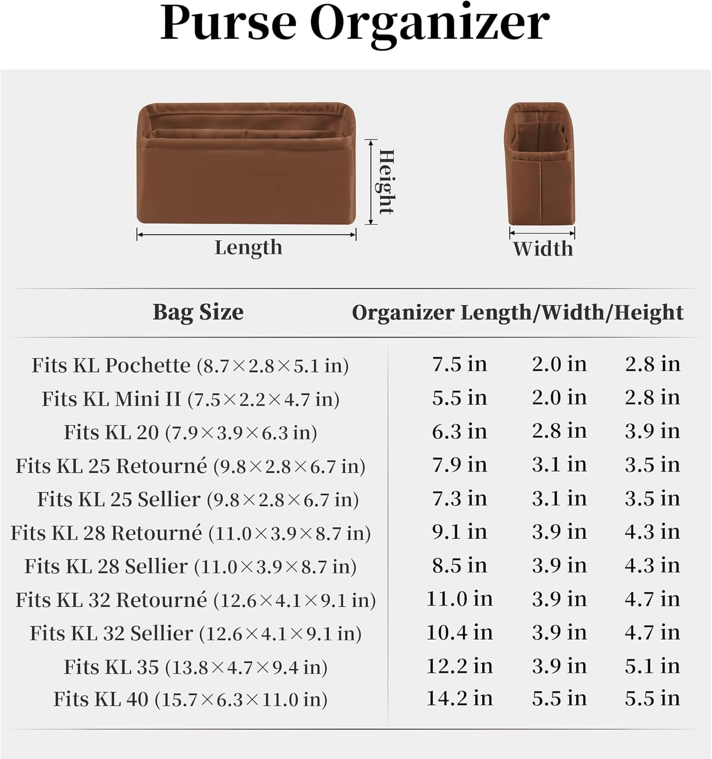 Women's Purse Organizer Insert - Satin & Lightweight Fabric with Inside Pockets, Portable for Commute, Travel, Shopping, and Evening, Multicolor Options, Fits for Kelly 25(Gold, KL25 Retourné)